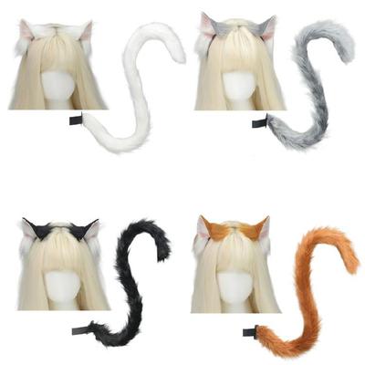 Katzenkostüm Fellige Katzenschwanz Plüsch Ohr Stirnband für Frauen Maskerade Halloween Cosplay Accessoire Katzen Rollenspiel Outfit