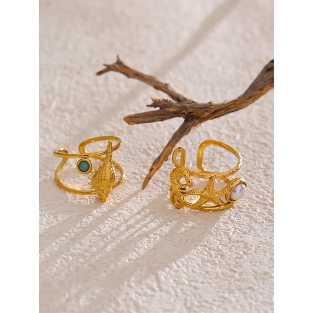 Eetit Ocean Style Seahorse Starfish Shell Open Adjustable Ring PVD Plated Golden Holiday Finger Adjustable Jewelry Wholesale