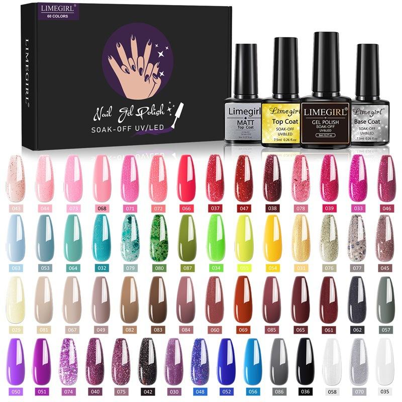 8ml Nail Gel Polish Kit 60pcs Full Set Box Glossy Long-lasting UV Gel Base Top Coat
