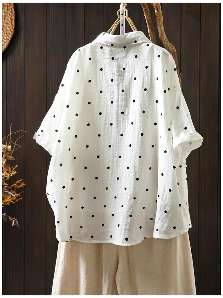 2025 Women's Cotton Linen Polka Dot Shirt - Short Sleeve, Loose Fit, Plus Size, Artistic Casual Summer Jacket