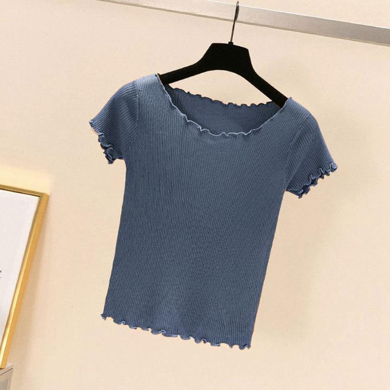 Dámské Léto Pletené Ledové Hedvábné Trička Topy Krátký rukáv Tenký Plísňový Listový Límec Vysoký Pas Jednobarevná Studená