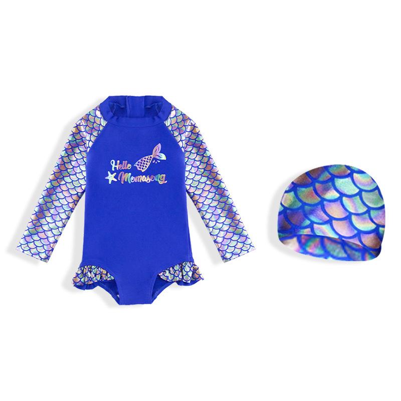 Girls  Mermaid Fish Scale Long Sleeve Sun Protective One-Piece Swimsuit 3M синий