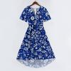 Women's Casual V Neck Short Sleeve Floral Print Dress Lightweight Midi Length Summer Dress with Wrap Style and Flared Hem