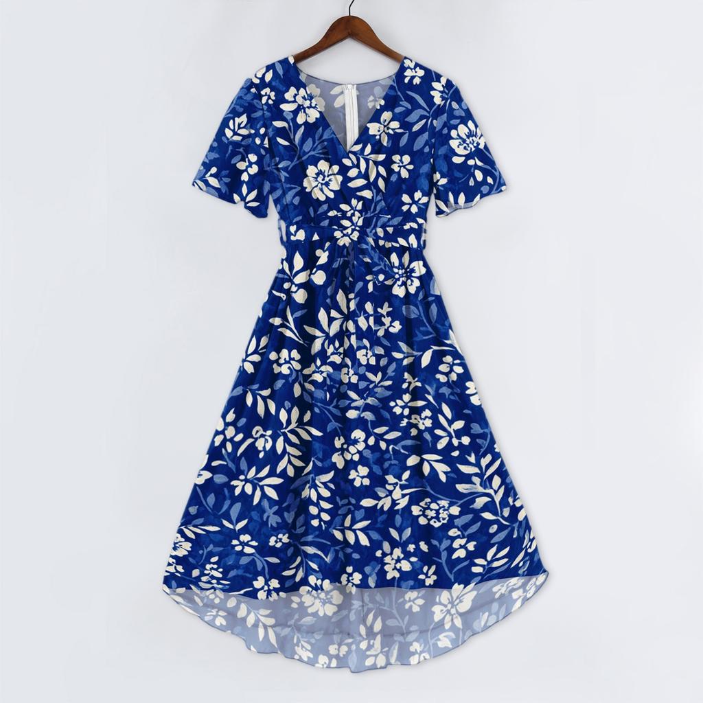 Women's Casual V Neck Short Sleeve Floral Print Dress Lightweight Midi Length Summer Dress with Wrap Style and Flared Hem