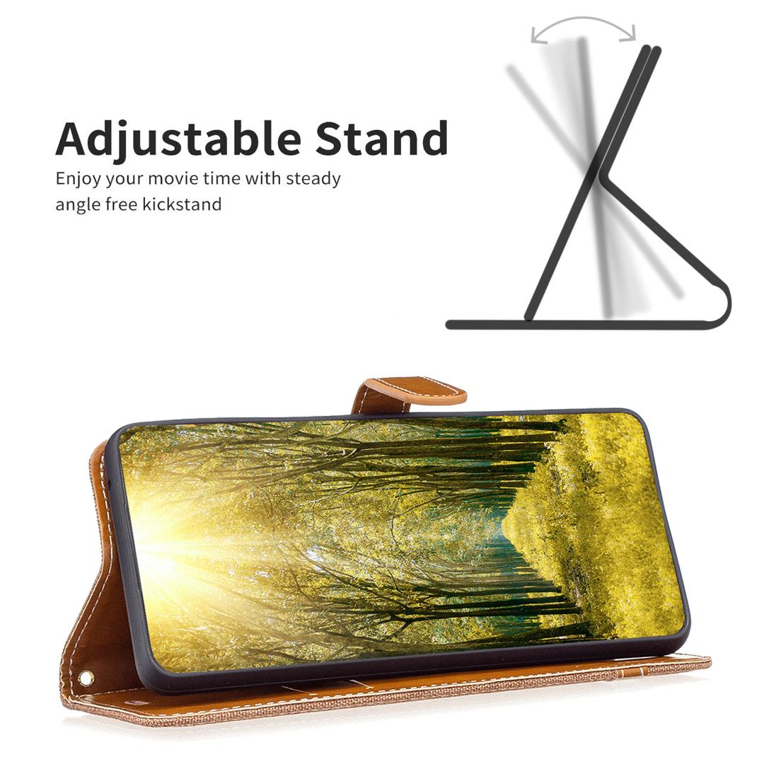 

For Xiaomi Redmi Note 13 4G Phone Case Jeans Cloth Splicing Stand Wallet Cover Purple