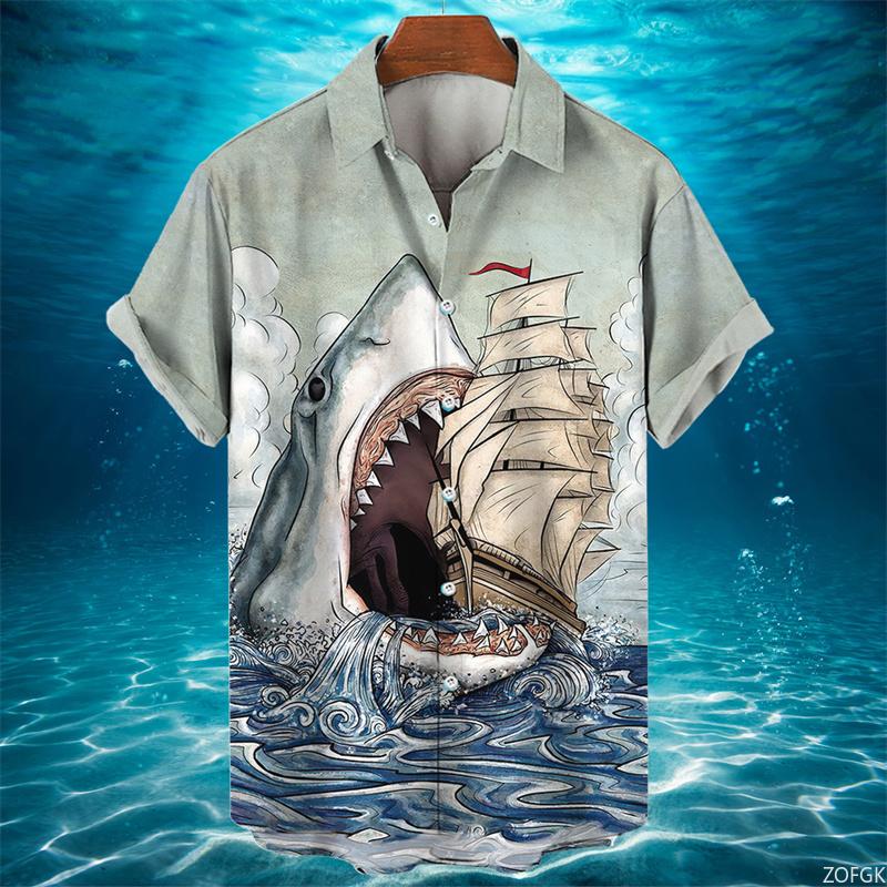 Camicia Hawaiana Uomo Estate Casual Stampa Squalo Animale 3D Moda Manica Corta Mondo Marino Larga Blusa Street Abbigliamento