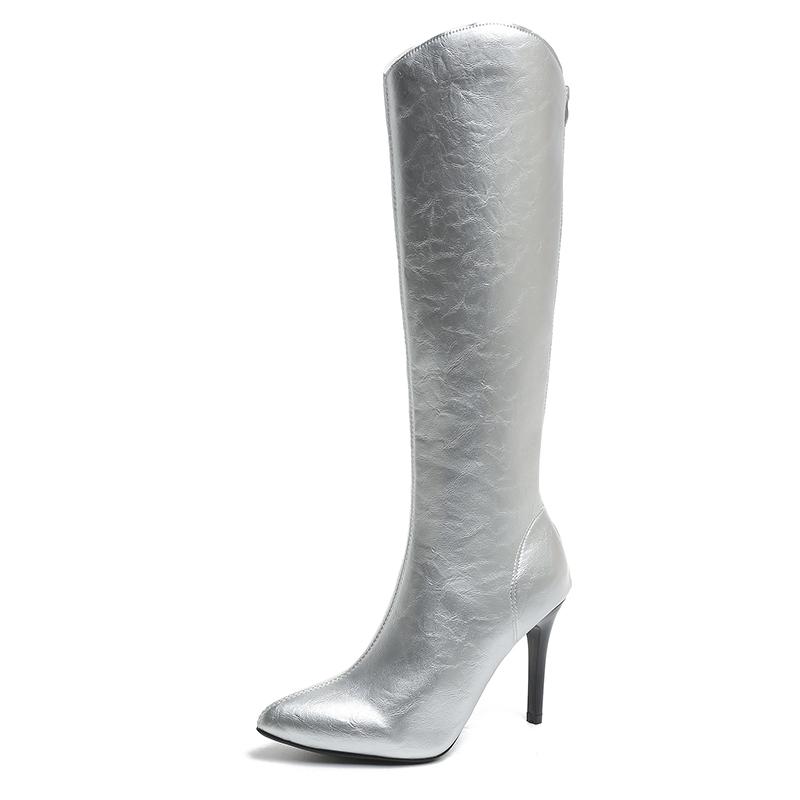 мода Сексуальные серебристые женские сапоги до колена Модные заостренные носки Длинные — фото 9