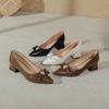 Black Temperament High Heels Thick Heel Spring Large Size Shoes Soft Leather Bow Pointed Low Heel Single Shoes