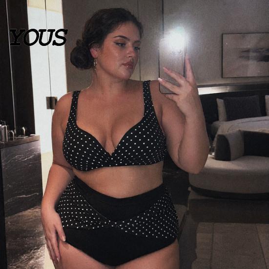 Plus Size Women Swimwear 2Pcs/Set Bikini Set, Cross-Chest V-Neck Bra with Built-In Support, Hong Kong Style High-Waisted Twist Swim Bottoms, Retro Dot