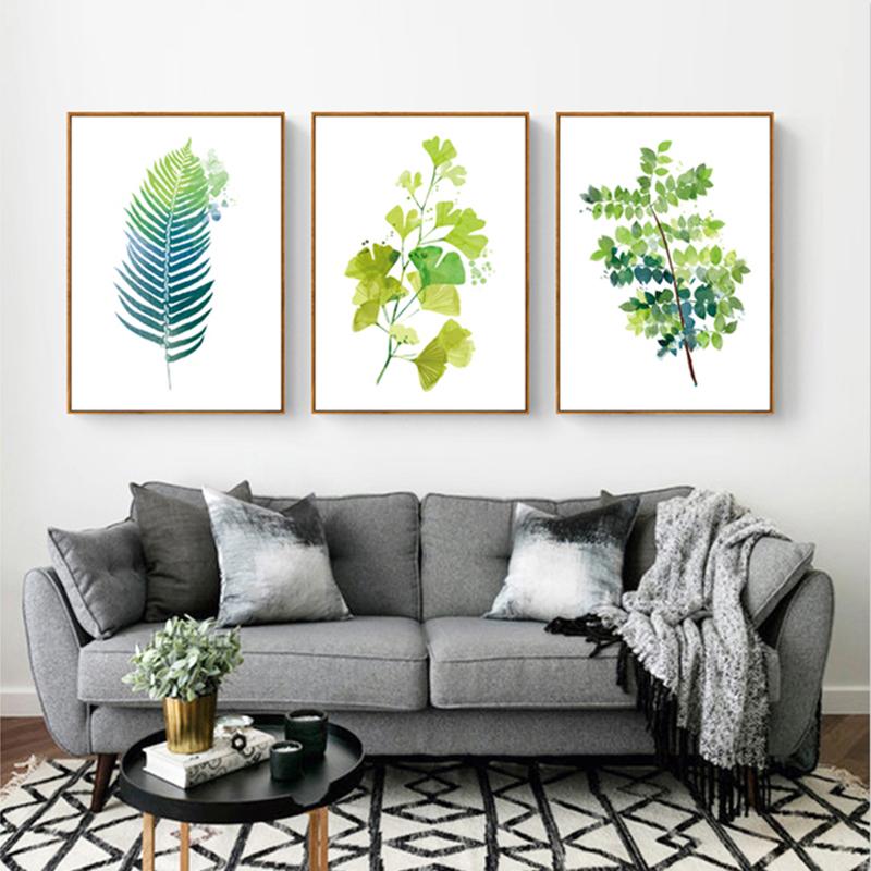 Nordic Watercolour Plant Wall Art Canvas Painting Green Leaf Poster Print Minimalist Wall Picture for Living Room Home Decor