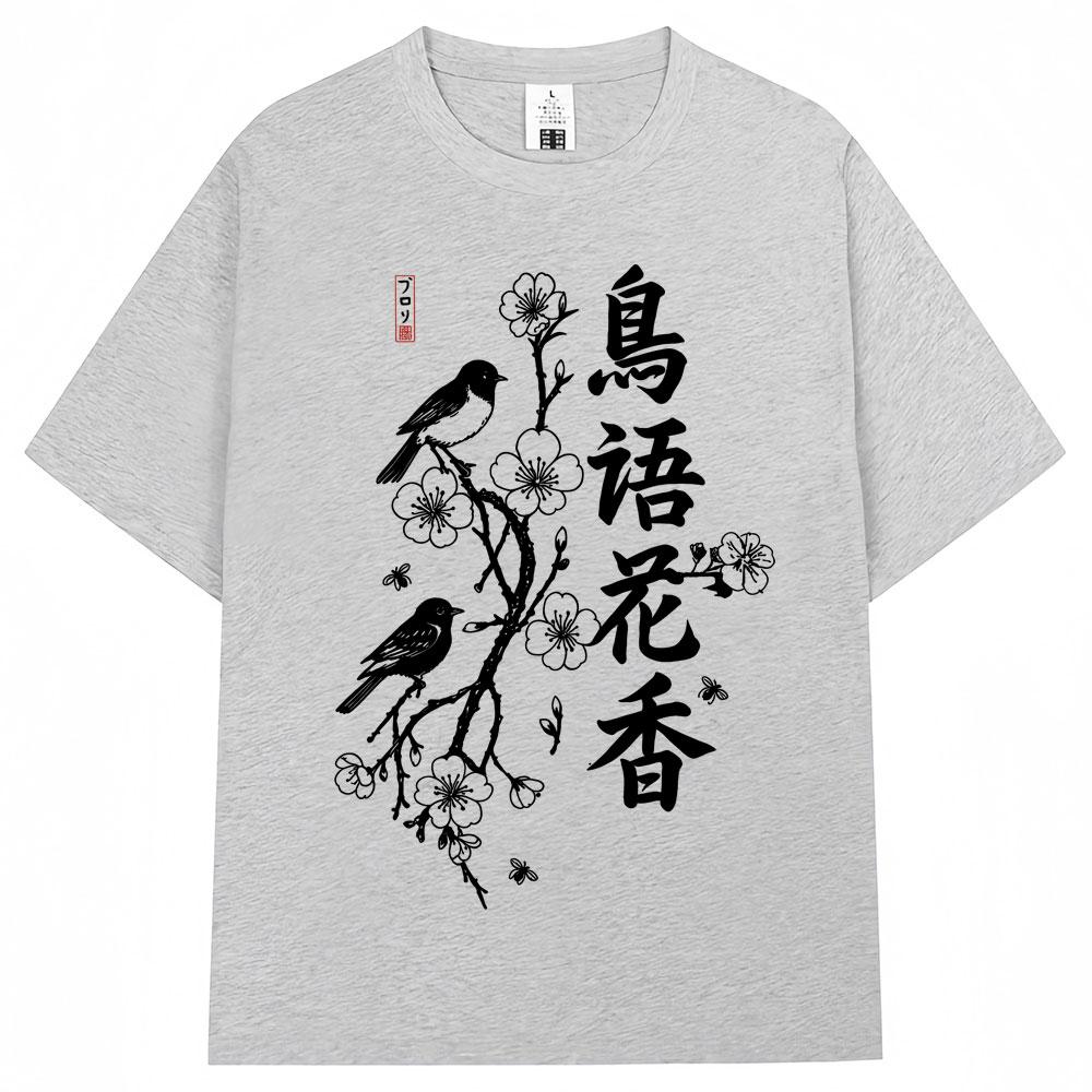Japanese Style Bird on Sakura Cherry Blossom Print Tshirts Men Women Fashion Harajuku T Shirts Oversized Cotton Casual Tshirt