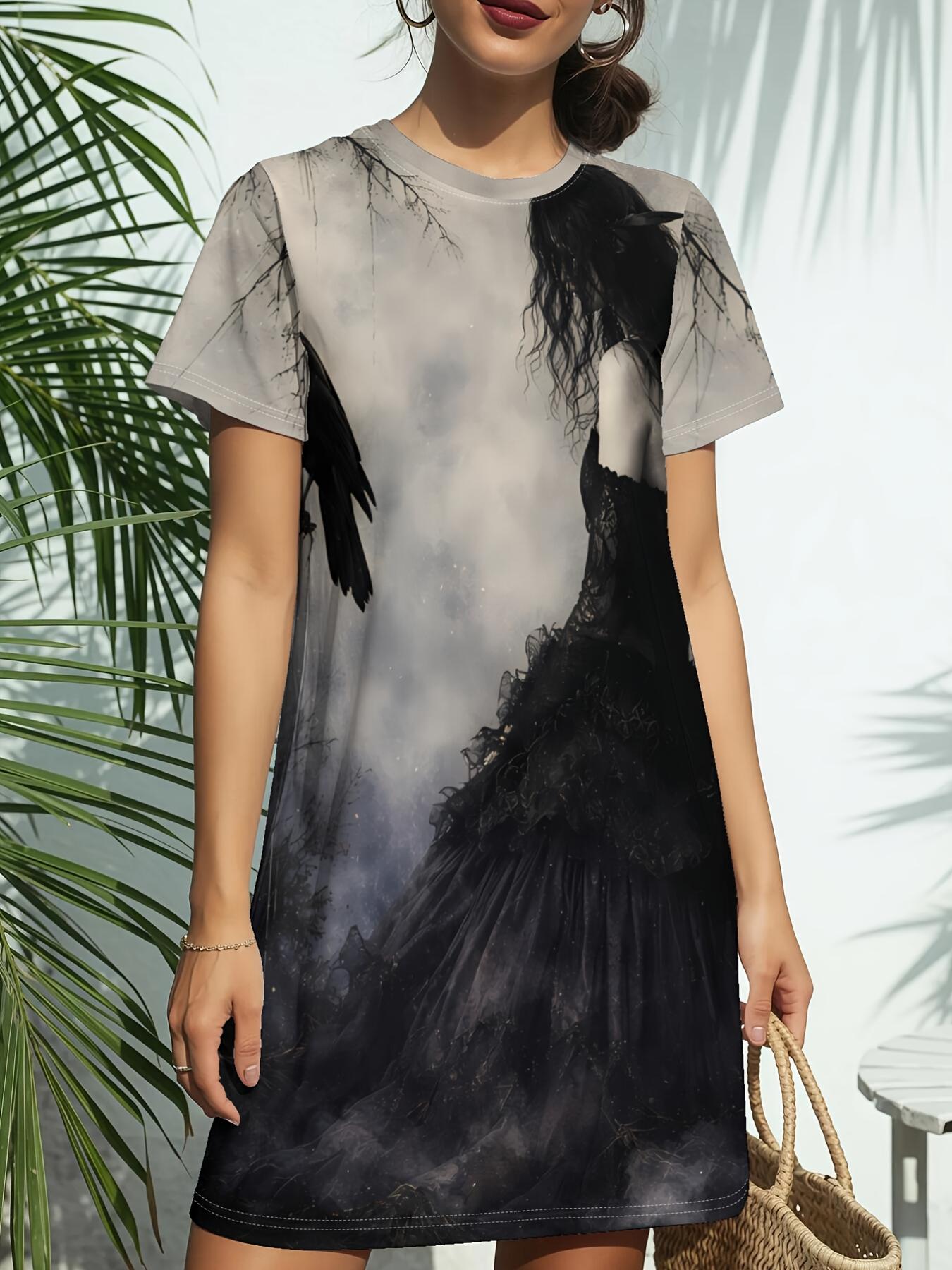 

Women s Crow Themed T-Shirt Dress - Short Sleeve Round Neck Casual Dress with Crow Art Print. Spring Summer Dress Suitable for Daily Wear. Birthday Gi 9XL дубильна кора
