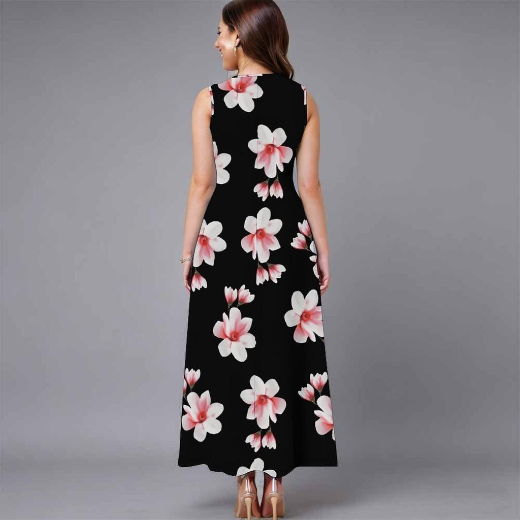 Oversized Women Sleeveless Round Neck Dress Dense Floral Printed Flowy Mid Calf Gown