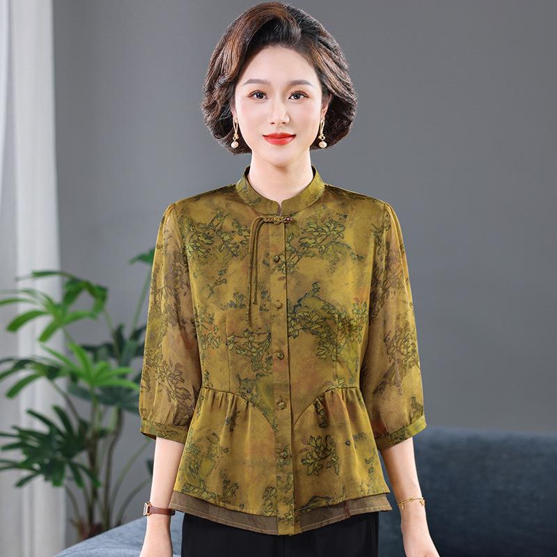 

2026 Summer Women s Chinese Style Chiffon Shirt: New Arrival with Waist-Cinched Hem 2XL [52.5-60 kg]