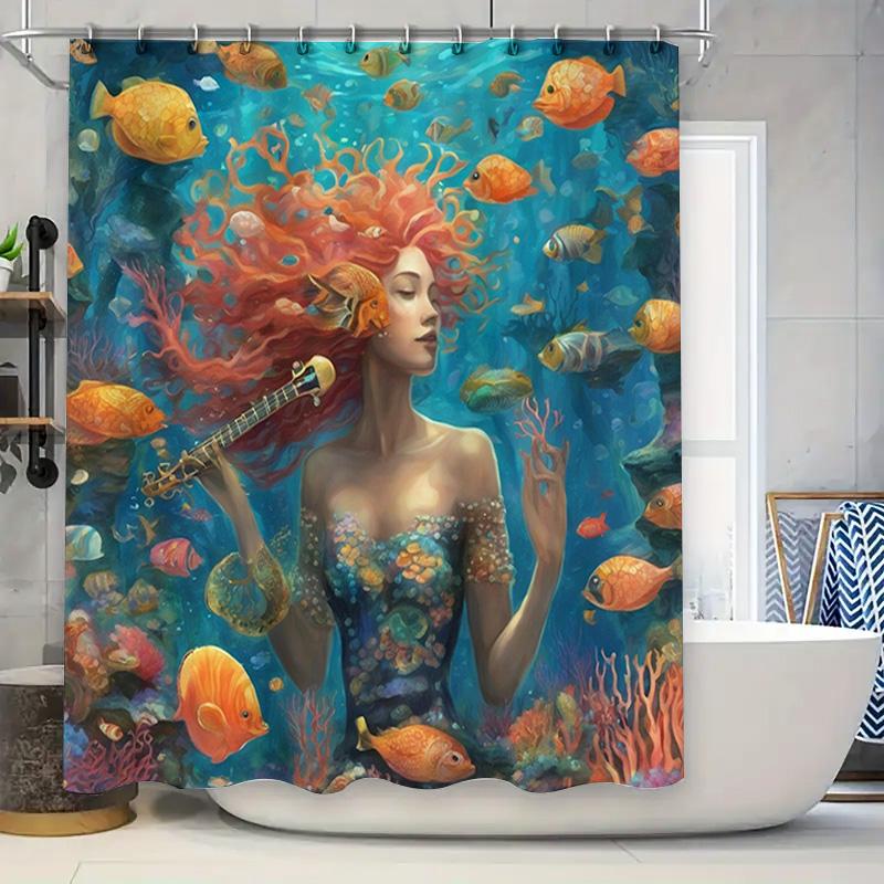 

Underwater SymphonyWomen with Long Flowing Hair Playing a Guitar in an Artistic Shower Curtain Set Decorative Waterproof Bathtub 90x180cm
