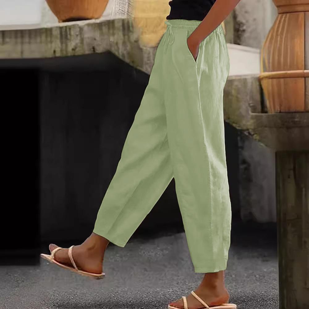 Women's Cotton Linen Solid Color Elastic Waist Casual Pants with Side Pockets, Suitable for Spring and Autumn