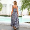 Cross-border European and American new printing original real shot spring and summer sleeveless straps French long skirt holiday style dress