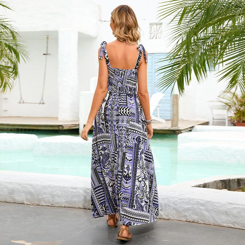 Cross-border European and American new printing original real shot spring and summer sleeveless straps French long skirt holiday style dress