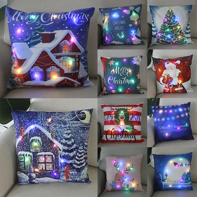 LED Christmas Cushion Cover Merry  Santa Claus   Decor Fairy Lights Cute Cartoon Snowman Pillow Home