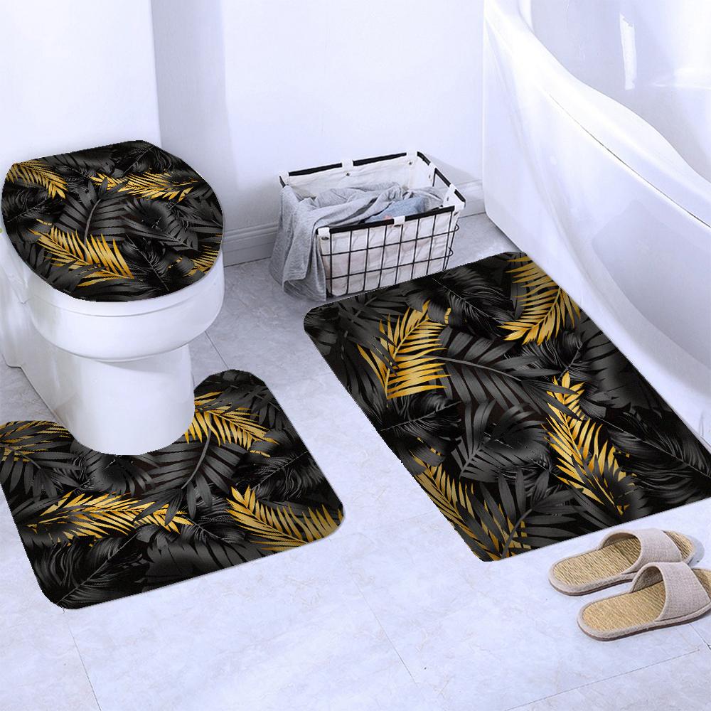 Black and Gold Tropical Plant Palm Leaf Bathroom Shower Curtain Set for Bathtub Exotic Leaves Bath Mats Rugs Toilet Home Decor