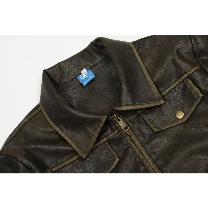 2KWEIRD Hot Girl Short PU Leather Jackets Retro Autumn Women Coats American  Pocket Coffee Faux Clothing Cropped Tops