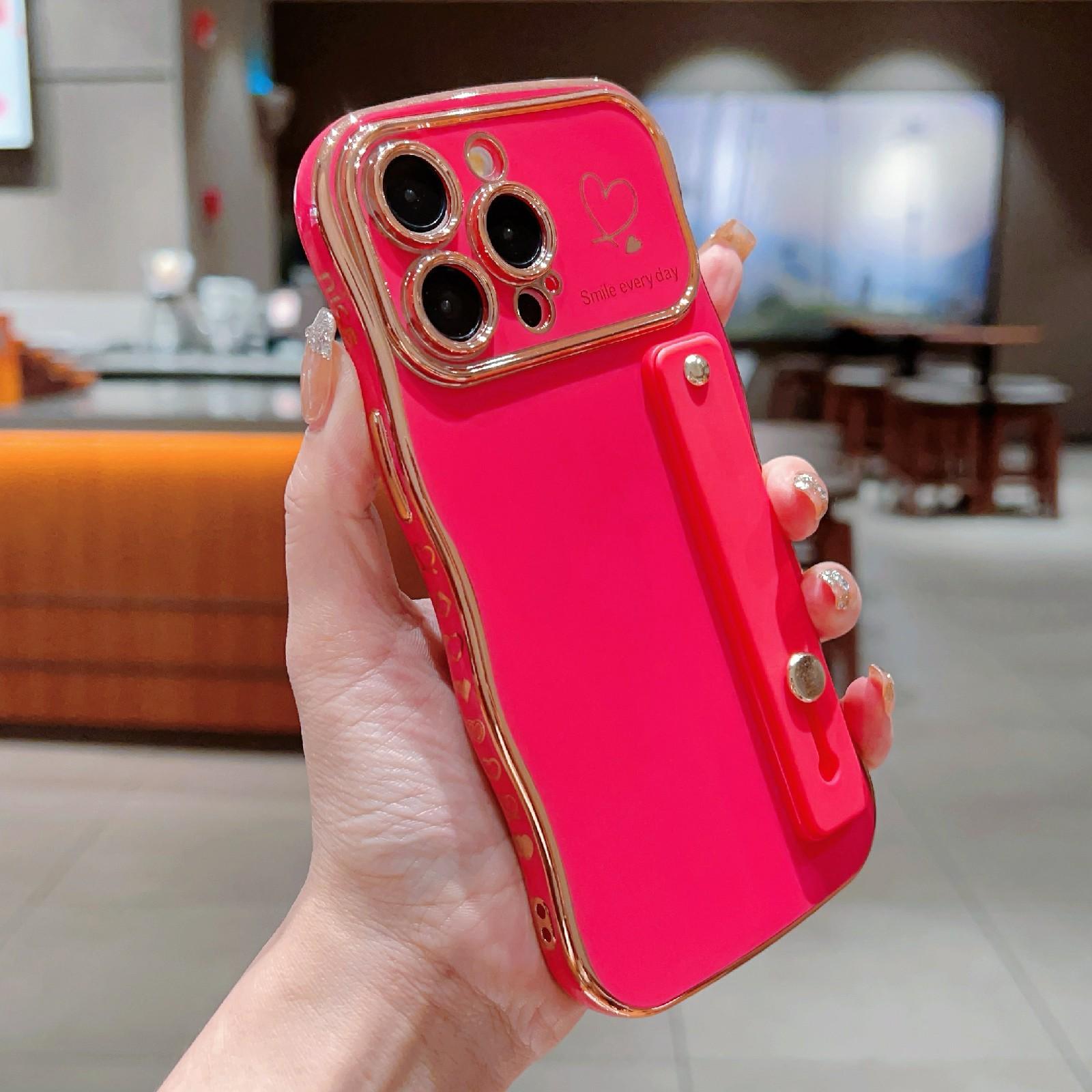 

For iPhone 15 Pro Max Case Love Heart Electroplated TPU Phone Cover with Wrist Strap Kickstand Rose