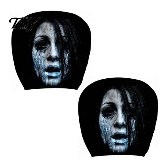 Funny Prank Car Accessories 2Pcs Ghost Face Headrest Covers, Halloween Horror Seat Decorations, Holiday Atmosphere Decor Universal Fit