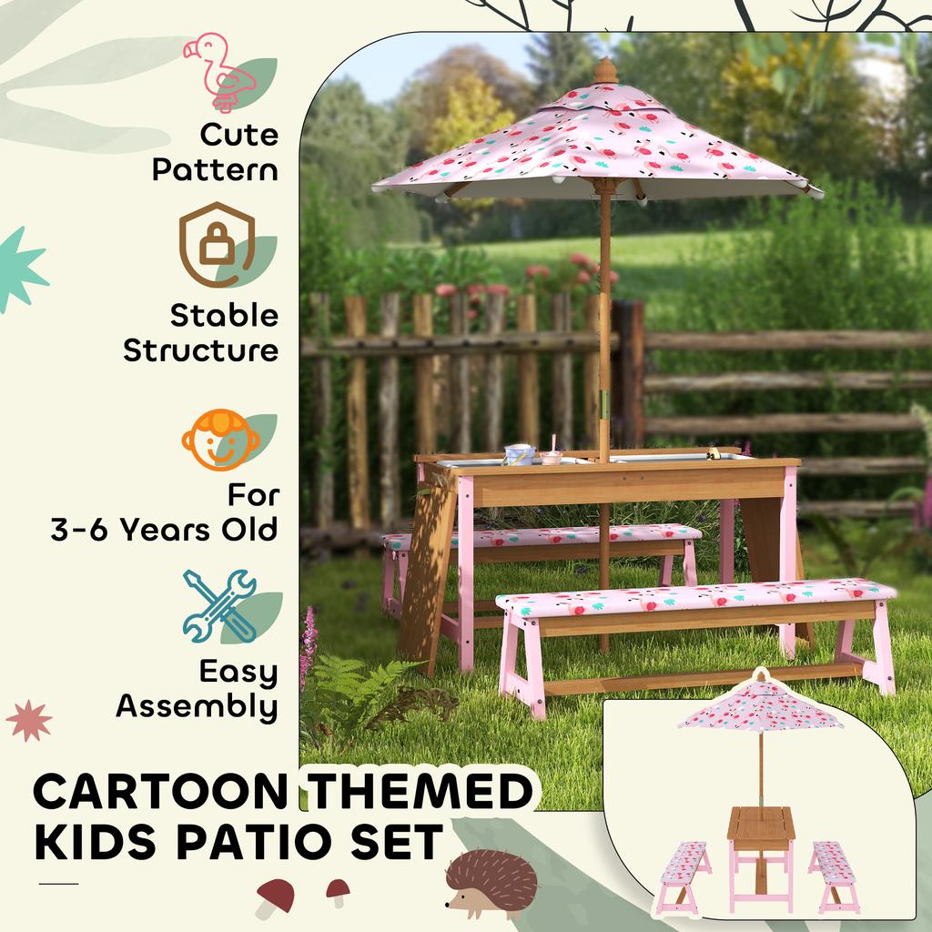 Kids Picnic Table Set with Removable & Foldable Umbrella, Storage Boxes, Flamingo Theme, Pink