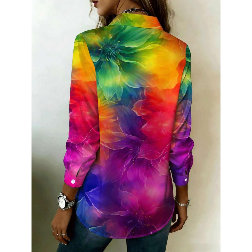 A Lady's Rainbow-print Multi-color Top with Long Sleeves and a Collar, Suitable for Both Casual and Formal Wear, a Must-have Item for All Seasons.