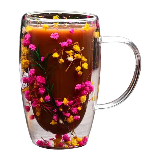 Double Wall Glass Mug with Flower Glitter Inside 450ml Large Capacity Heat & Cold Resistant Transparent Mug Creative Breakfast Coffee Cup