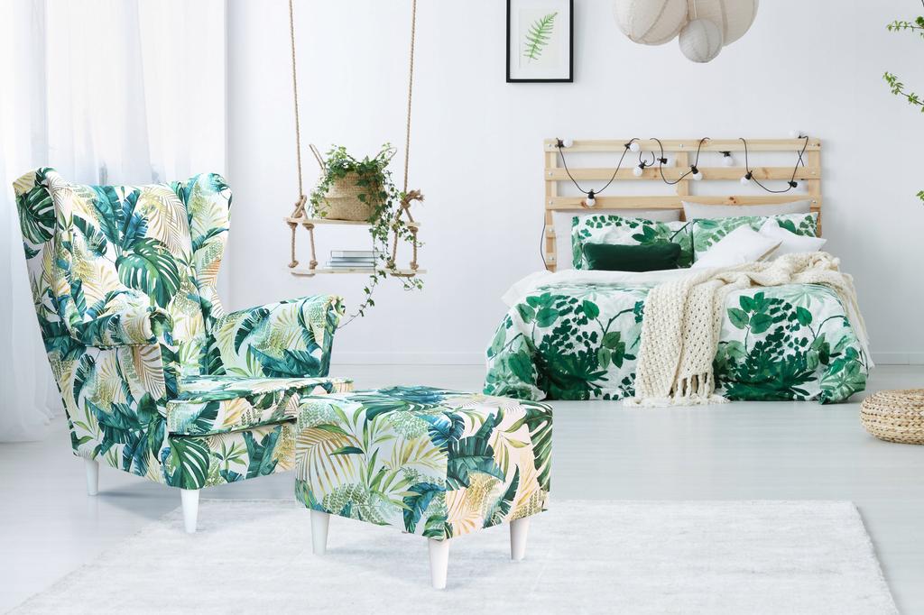 Křeslo ušák ARI PRINT s podnožkou skandinávské Family Meble šaty