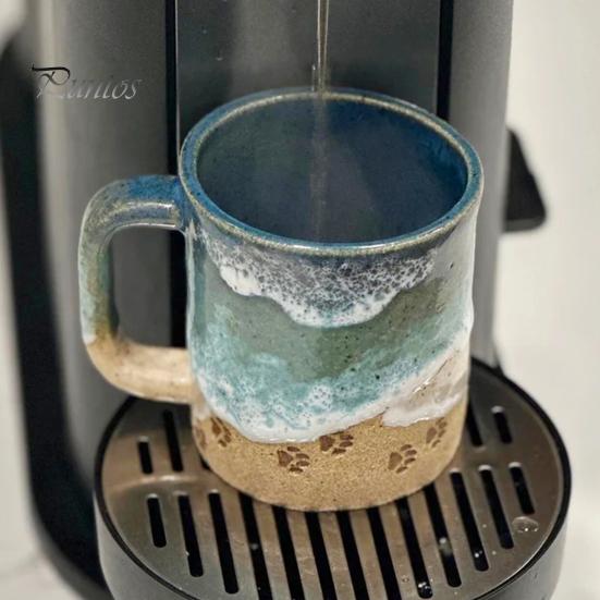 Paw Print Ocean Shoreline Mug Ceramic Coffee Cup Handmade Waves Pattern Tea Mug 11oz/15oz Sea Foam Claw Drinking Mug Beach Souvenir Gift