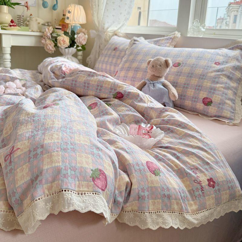 Ins Korean Style Blue Bow Double Layer Gauze Four-Piece Set Simple Lace Edge Duvet Cover Bed Sheet Dormitory 3-Piece Set
