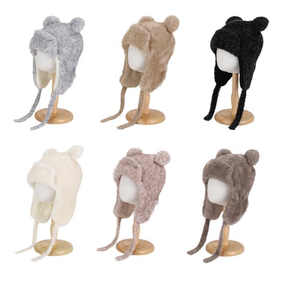 Children Hat with Windproof Rope Cartoon Bear Shape Soft Plush Inner Elastic Warm Hat Boys Girls Winter Headwear