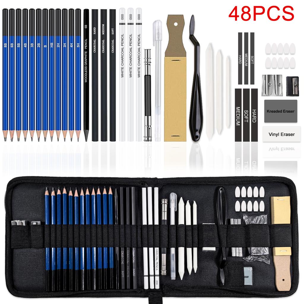 20/38/42/48 Pcs Sketch Pencil Set Sketching Kit Roll Up Canvas Wrap Bag Drawing Art Supplies Charcoals Kneaded Eraser PencilCase