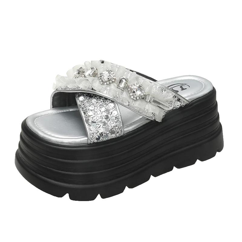 Fashion 8CM New Lace Peep Toe Slippers Platform Wedge Shoes Stretch Platform Flats Bling Crystal Women Sandals Leather Slip on Fashion