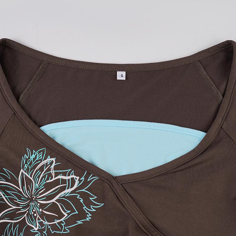 2025 Herbst Amerikanischer Retro-Farbblock Zweiteilig Schmal Geschnitten Damen-T-Shirt