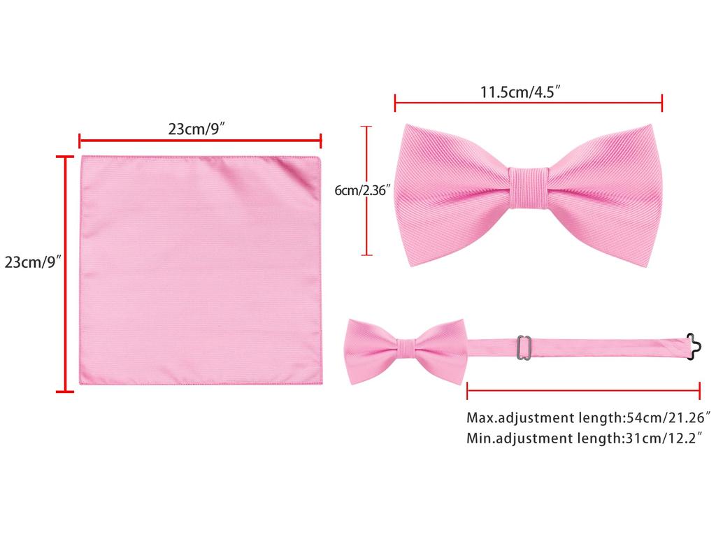 [Allegra K] Necktie, Bow Tie, Pocket Square 3-Piece Set, Narrow Tie (6cm), Solid Color, for Weddings and Formal Occasions, Men's, Pink, Free Size