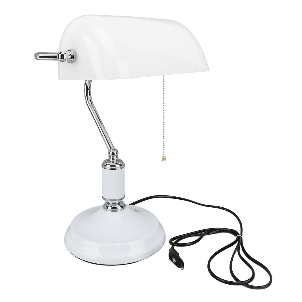 Bankers Table Lamp White Glass Vintage Style Desk Lamp with Retro Pull Chain Switch Reading Table