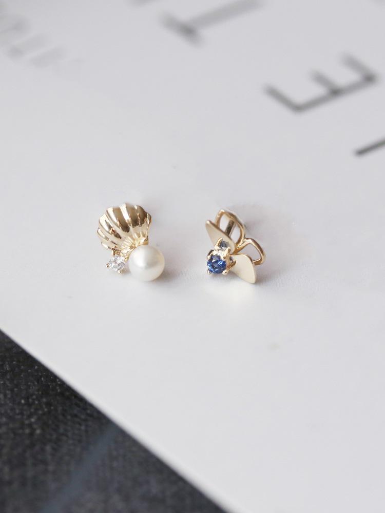 Xin Zhe Mei Gold-Plated S925 Silver Pearl & Sapphire Butterfly Stud Earrings for Women Platinum Pair (with Silver Earplugs)