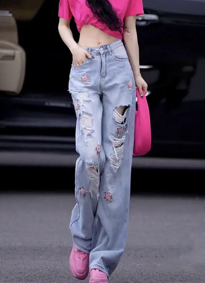American retro ripped jeans women s summer new design sense niche embroidered high-waisted straight pants casual wide-leg pants S