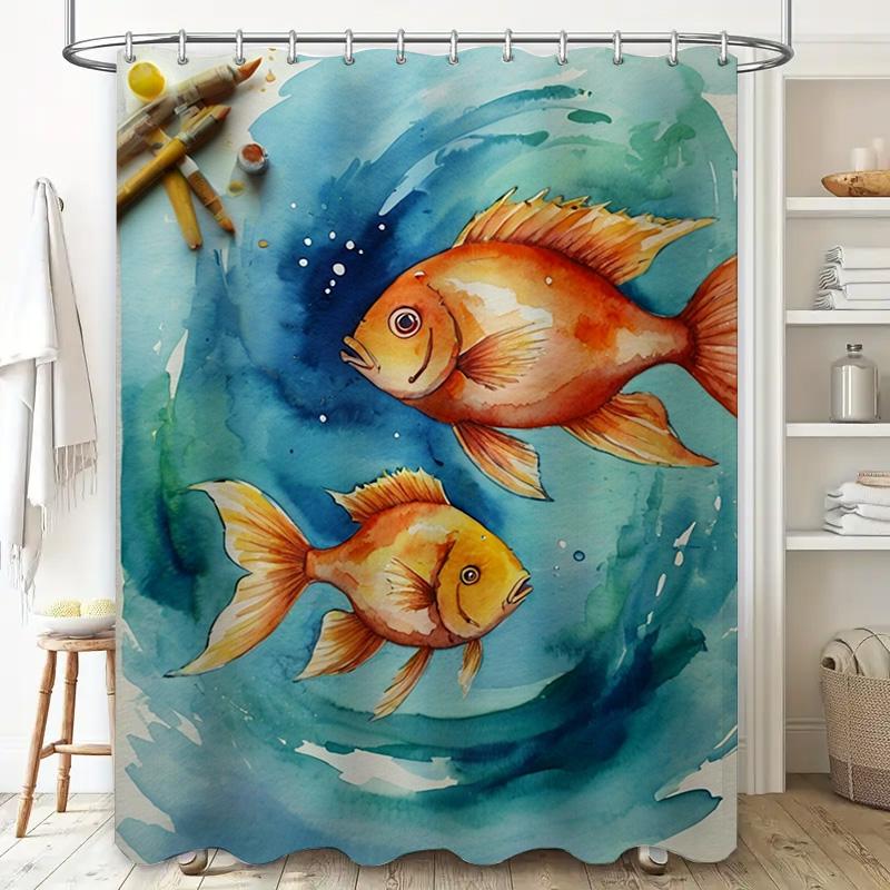 Watercolor Fish Shower Curtain Blue Green Mermaid Bath Decor with Brush Strokes Artistic Sea Life Print for Bathroom Accessories