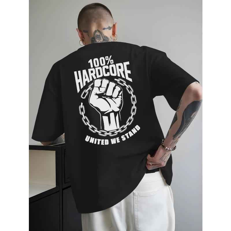 Men's Hardcore United We Stand T-Shirt, Breathable Summer Streetwear Tee with Unity Bond Chains Design, Casual Short Sleeve Shirt