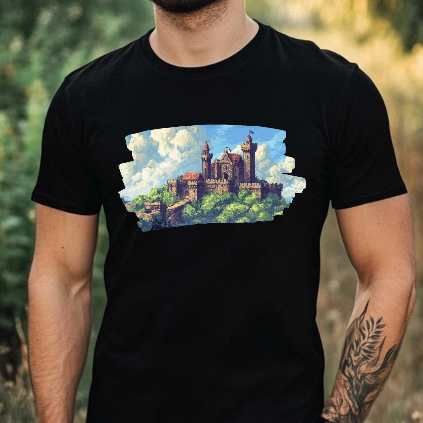 T-Shirt Herren Schloss Pixel Art Motiv Baumwolle Größe XS bis 5XL L