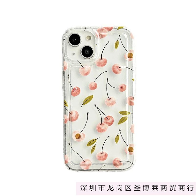 Pink cherry is suitable for iPhone15promax mobile phone case, transparent and simple Apple 14 anti-drop soft case, new 13.