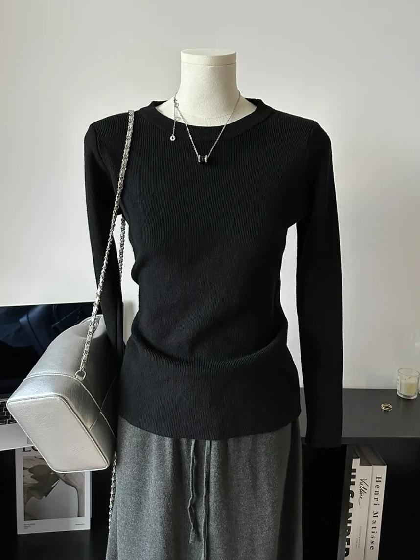 

Модный серый вязаный свитер-пуловер, женская базовая рубашка, весенне-осенний приталенный ретро-топ с резинкой в иностранном стиле для женщин L чёрный