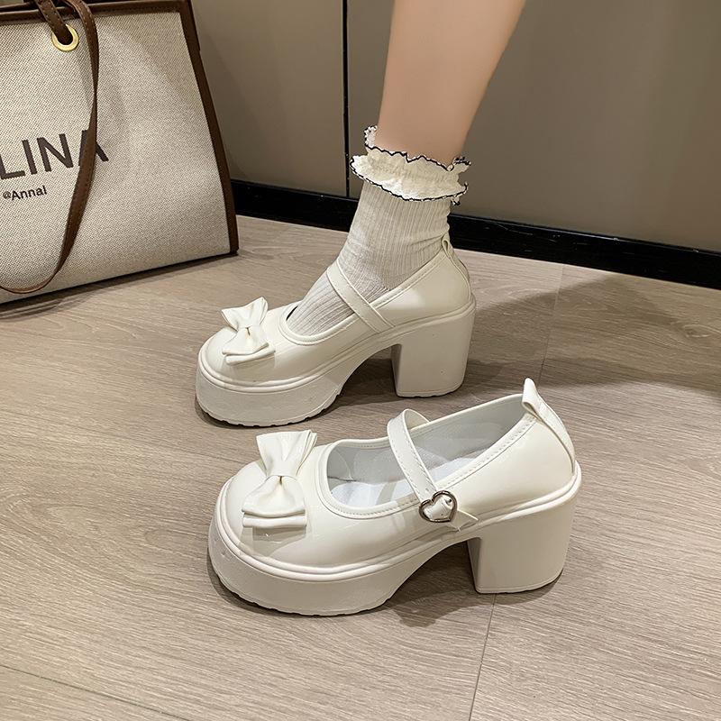 Mary Jane Small Leather Shoes, Sweet and Cool Bow High Heels, Women's Spring and Autumn 2025 Explosion, One-word Buckle Jk Cute Single Shoes