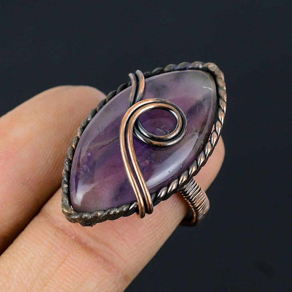 Amethyst Gemstone Copper Wire Wrapped Handmade Jewelry Ring For Gift