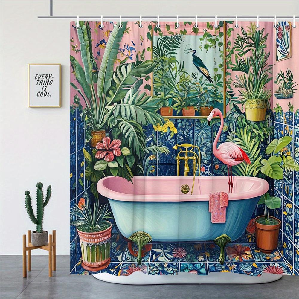 Tropical Flamingo Shower Curtain Jungle Garden Art Pink Bathtub Design Bathroom Decor Waterproof Printed Bath Curtain Home