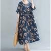 Summer New Literary Age Reduction Large Size Loose and Thin Printed Short-sleeved Long Dress with Pockets Over the Knee Skirt